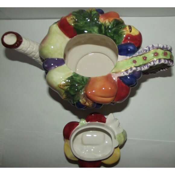 Teapot floral bow porcelain ceramic basketweave fruit with lid multicolor - Picture 4 of 16